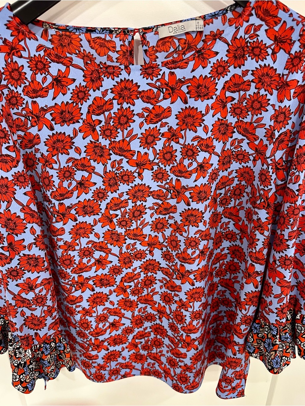 Dalia Red Floral Blouse with Light Blue Base
